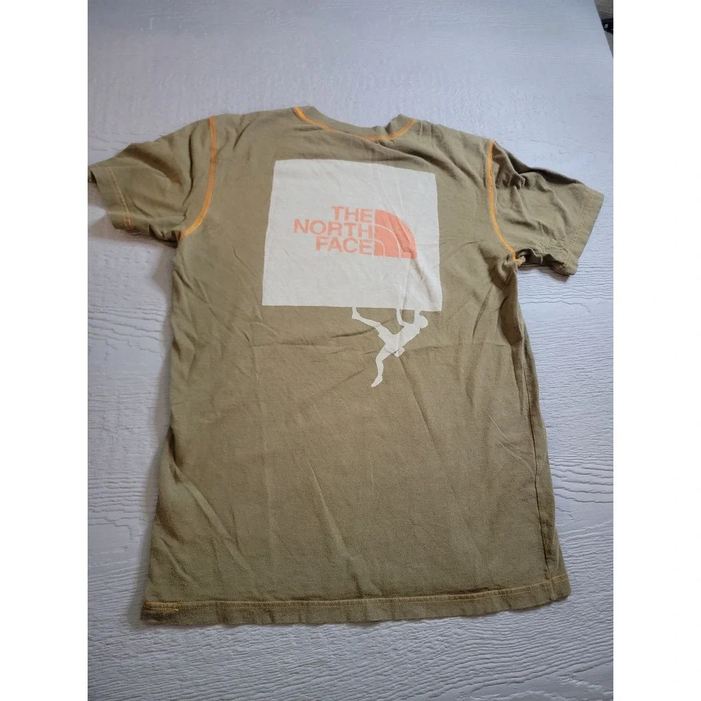 ♡The North Face Mens Small Khaki Green Rock Climbing Graphic T-Shirt Orange